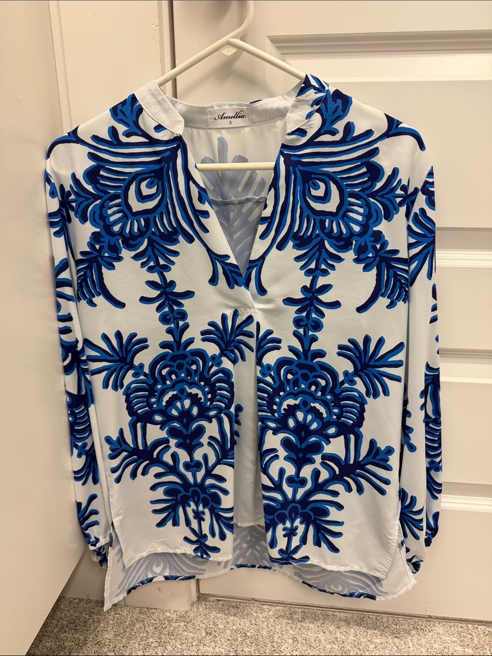 Blue & White Split-Neck Tunic Top